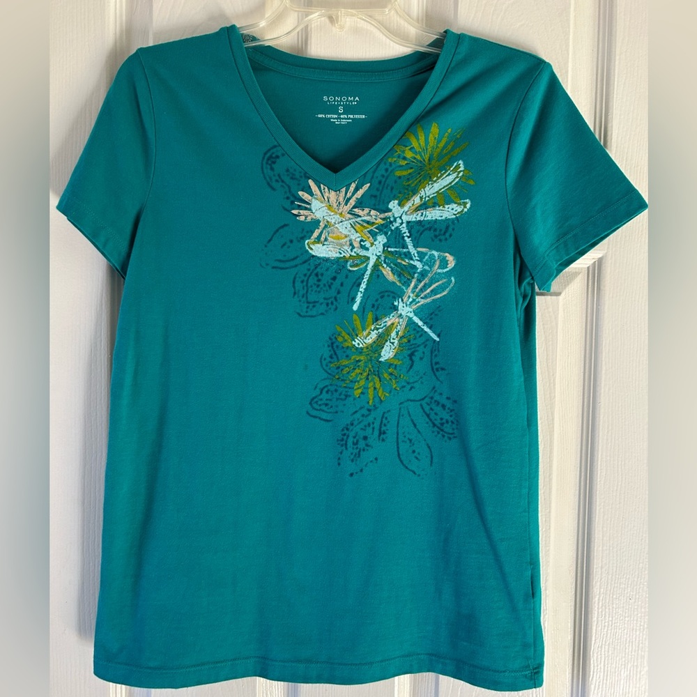 Sonoma Teal V-Neck Short Sleeve Tee with Floral Print